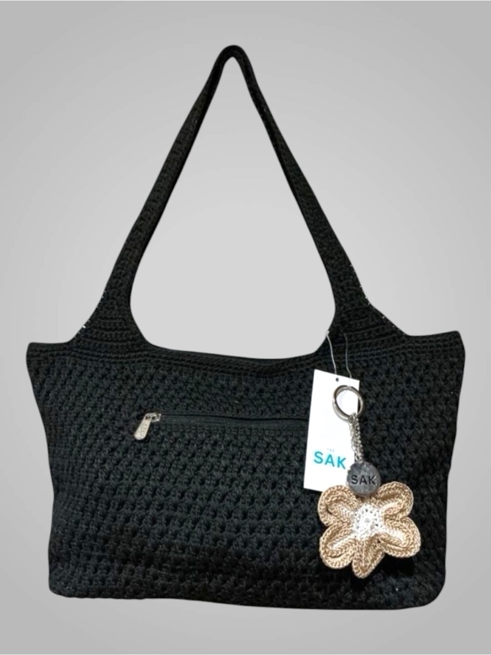 The Sak Black Crochet Tote Bag Flower Charm Shoulder Bag NWT